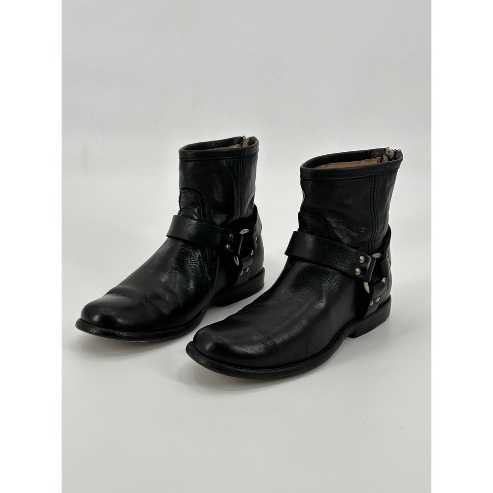 Frye Phillip Harness Short Ankle Boots Black Leather Zip Moto Women's Size 6B